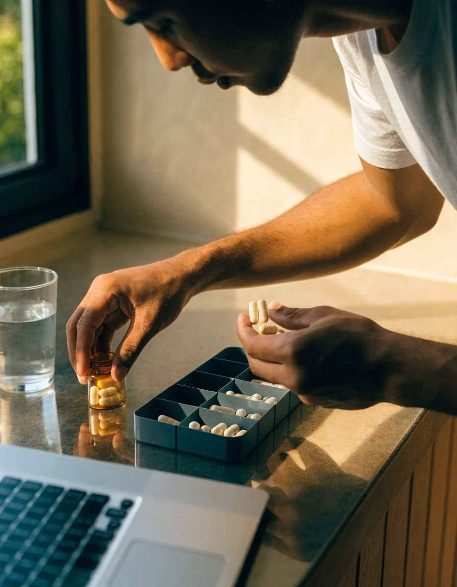 A hand resting beside a daily vitamin organizer and a glass of water on a kitchen counter
