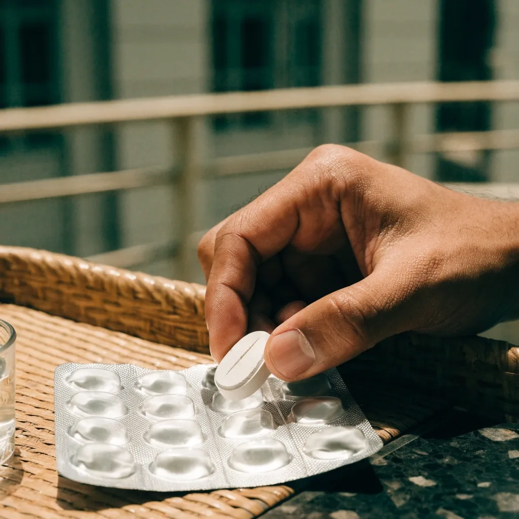 Hands lifting a daily tablet from an unbranded blister strip on a sunlit kitchen counter