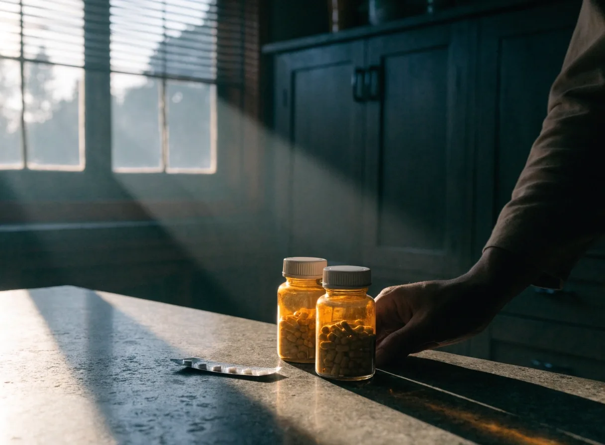 Two unbranded amber supplement bottles and a plain foil strip on a stone worktop in morning light