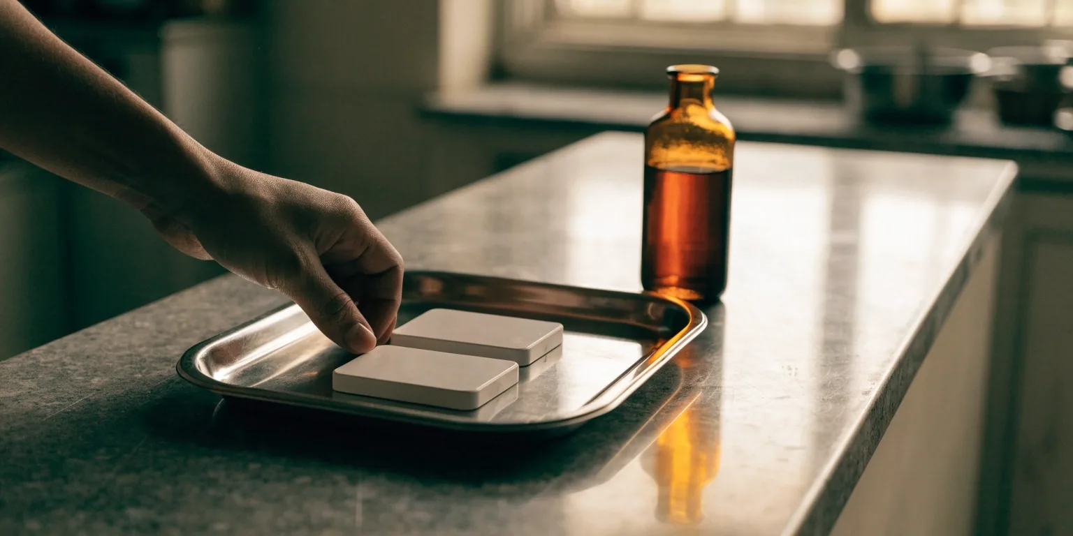 Two unbranded capsules side by side on a bare stone slab under raking side light
