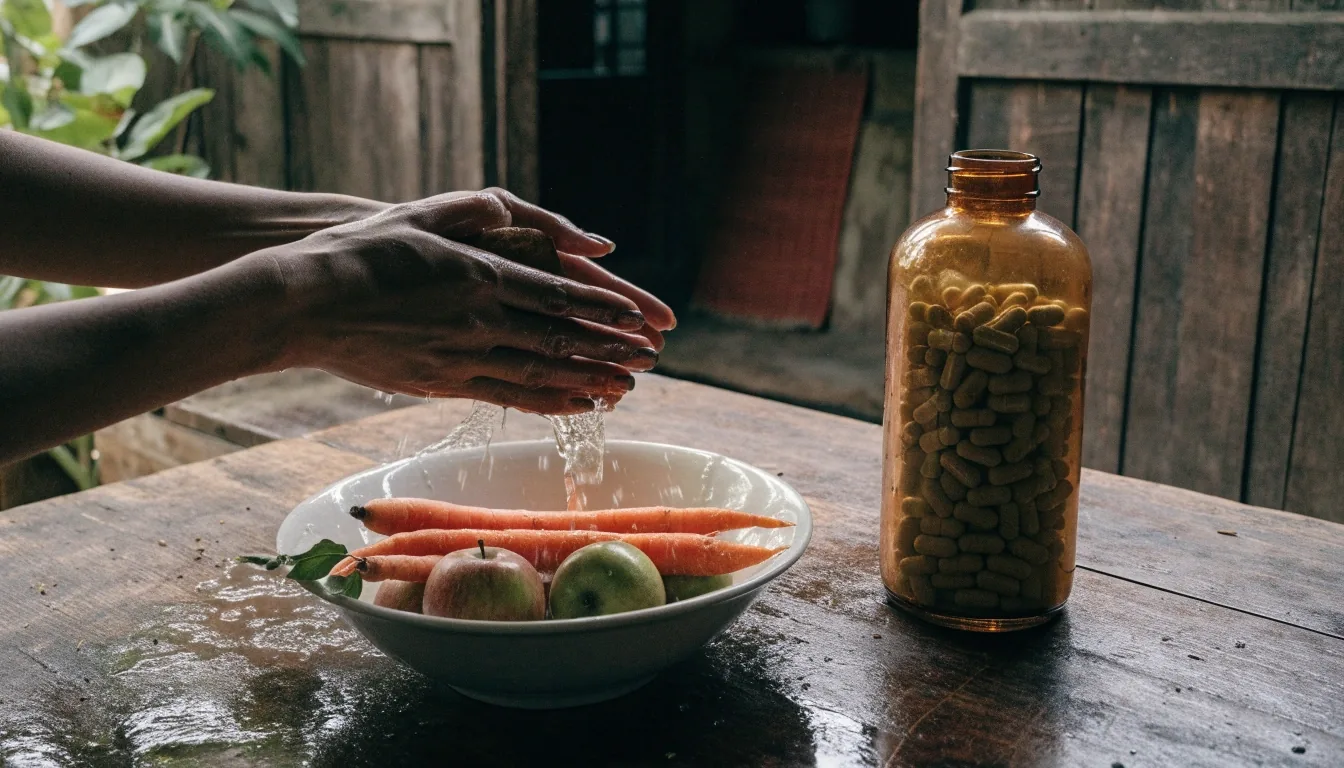 Fresh cut vegetables and fruit arranged beside a plain unbranded bottle on a stone counter in leaf-dappled window light