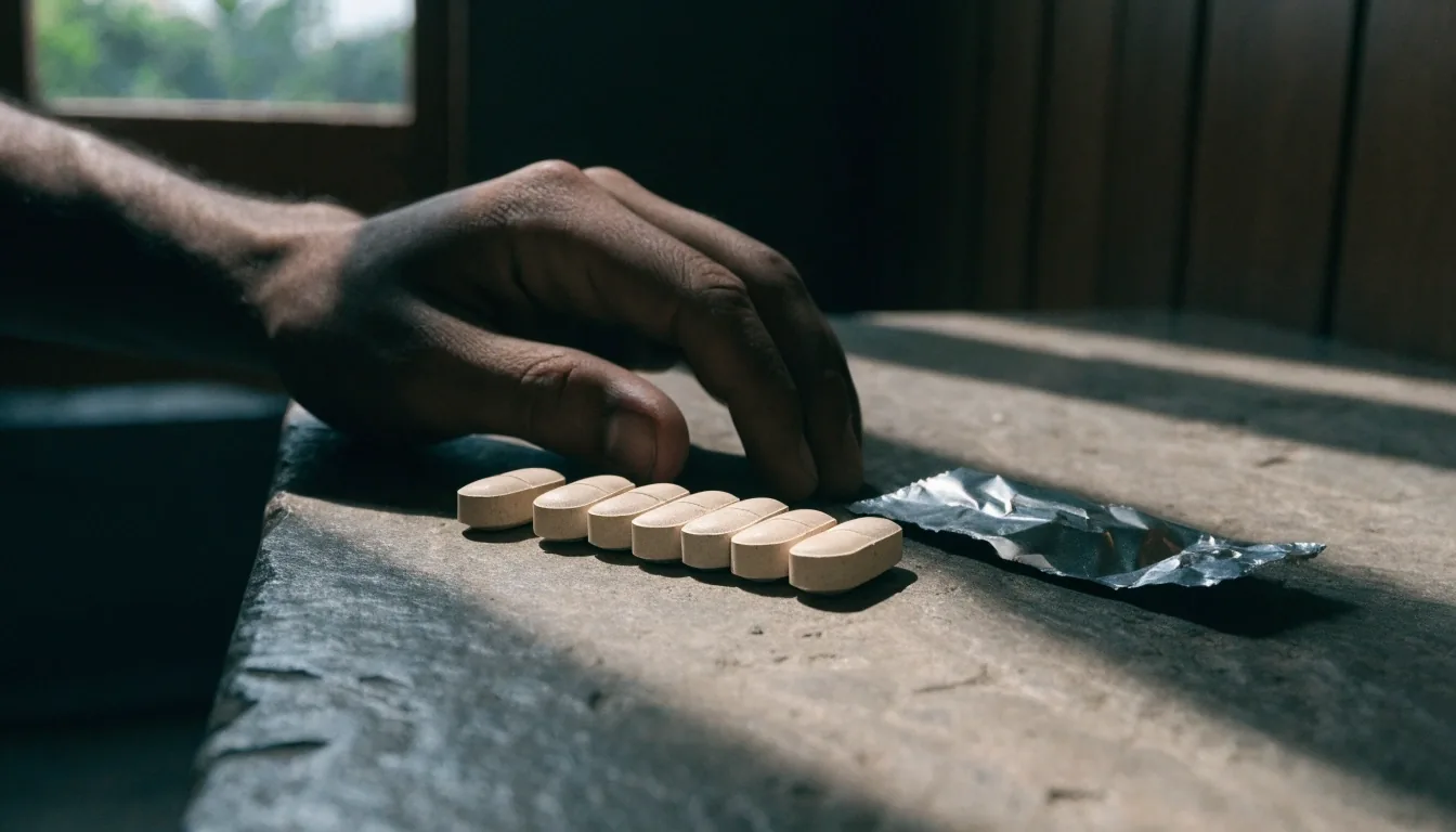 Macro frame of plain scored tablets in a raking row on bare stone with unbranded foil catching backlight